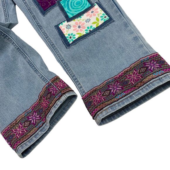 Nobo Jeans Patchwork Boho Distressed Flower Teal Pink Button Fly Junior 11 - Picture 5 of 13